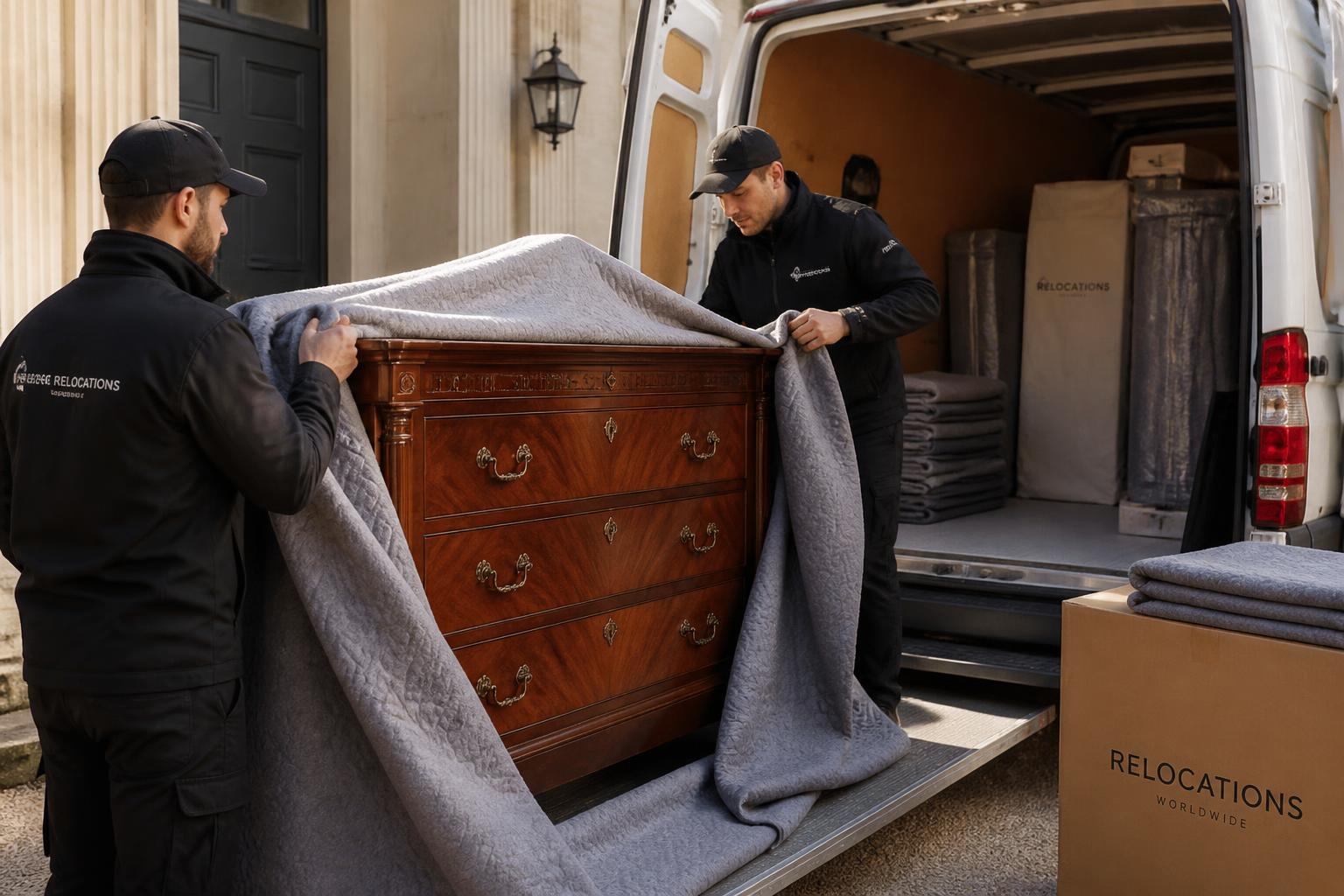 Antique furniture carefully wrapped and loaded into a delivery van