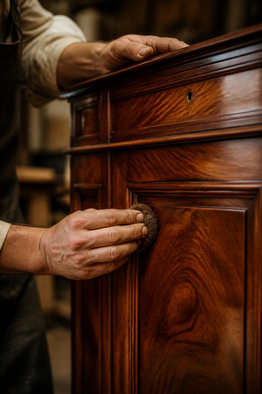 Craftsperson French polishing a wooden cabinet