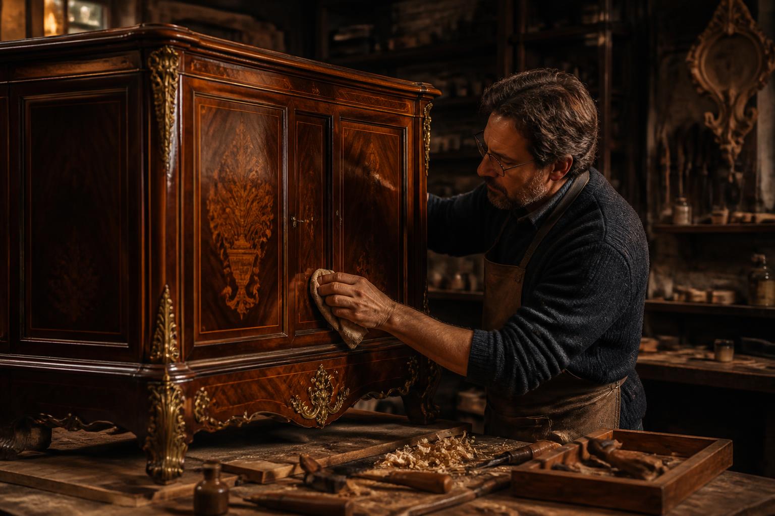 Craftsman restoring an ornate antique cabinet in the workshop